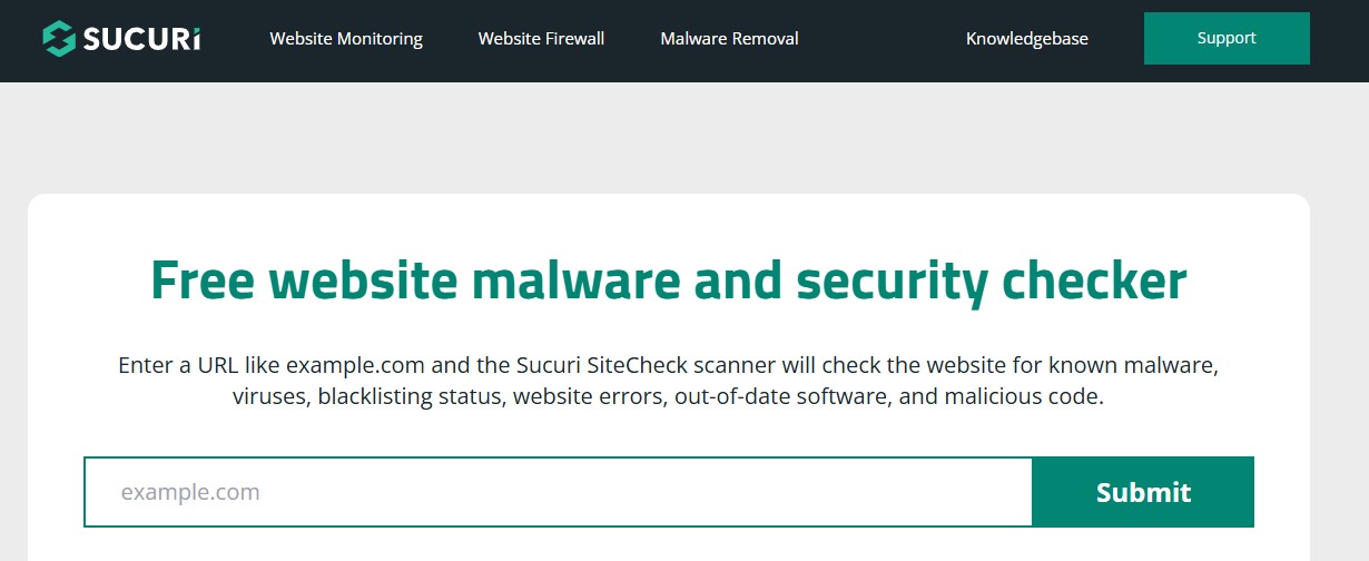 Strumento gratuito di controllo sicurezza e malware per siti Web di Sucuri disponibile sul loro sito Web.