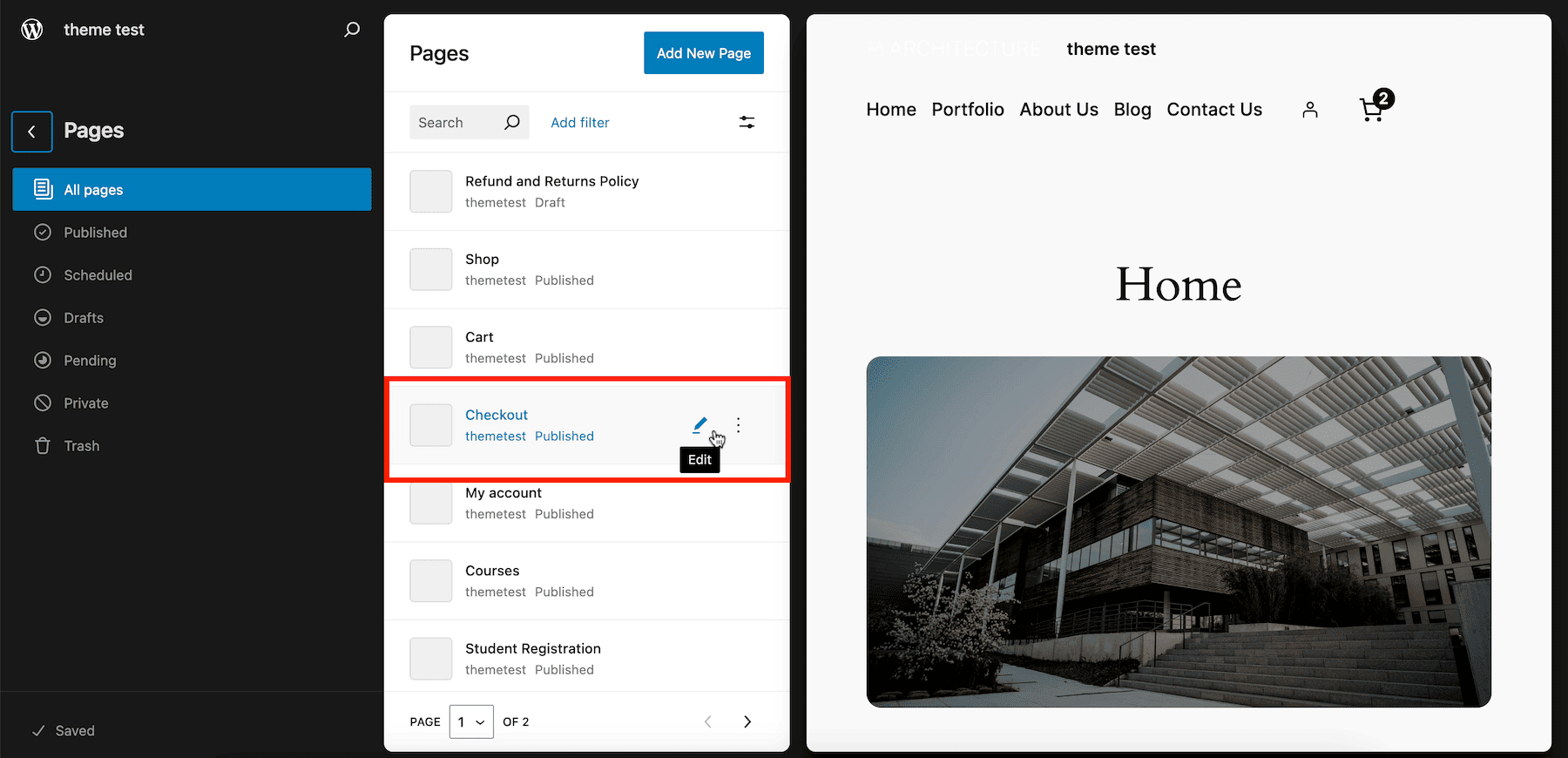 Greifen Sie im Site-Editor auf die Kasse zu