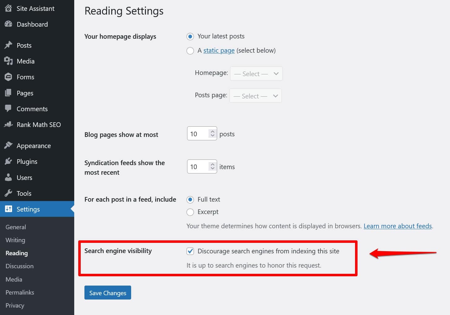 검색 크롤러를 방해하는 WordPress 읽기 설정