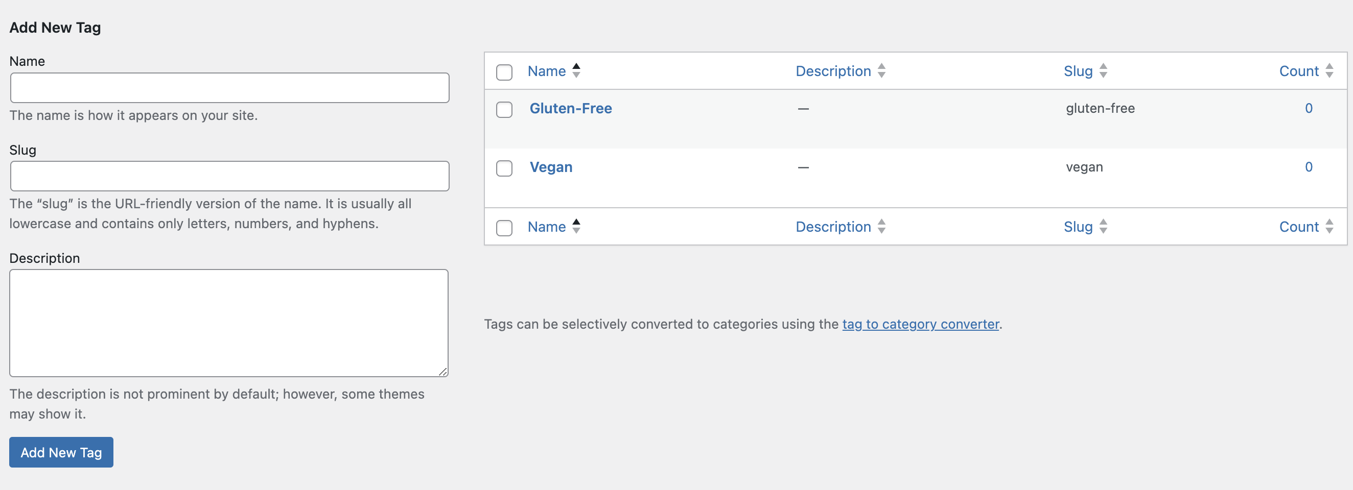 Finestra dei tag all'interno di WordPress