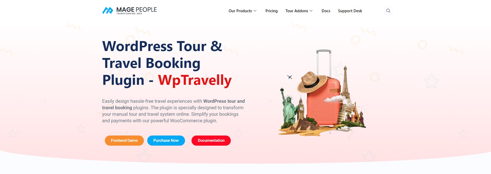 Representación de WpTravelly, un complemento de itinerarios de viaje de WordPress con una lista de viajeros con filtros.