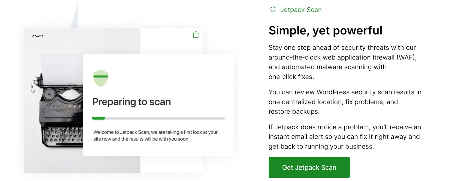 Página de inicio de Jetpack Scan con el texto "simple, pero potente"