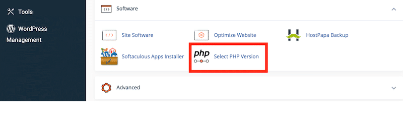 Submeniu software pentru actualizarea versiunii PHP curente – Sursa: my cPanel