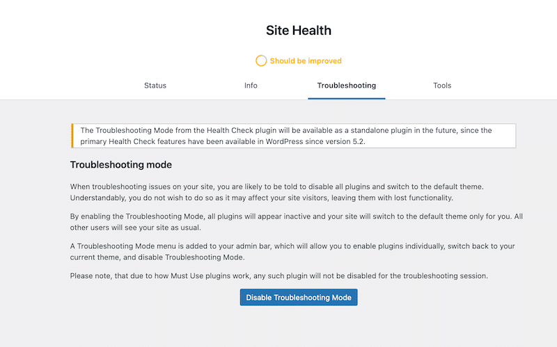 Plugin de depanare din secțiunea Site Health - Sursă: Health Check & Troubleshooting