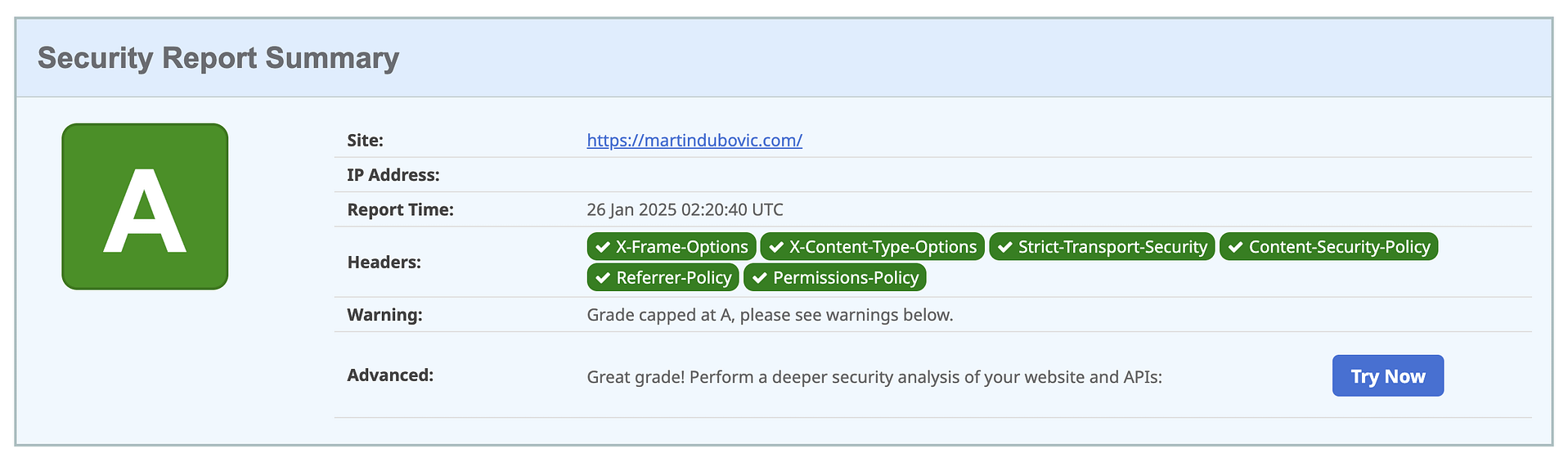 SecurityHeaders.com lulus pemindaian keamanan.