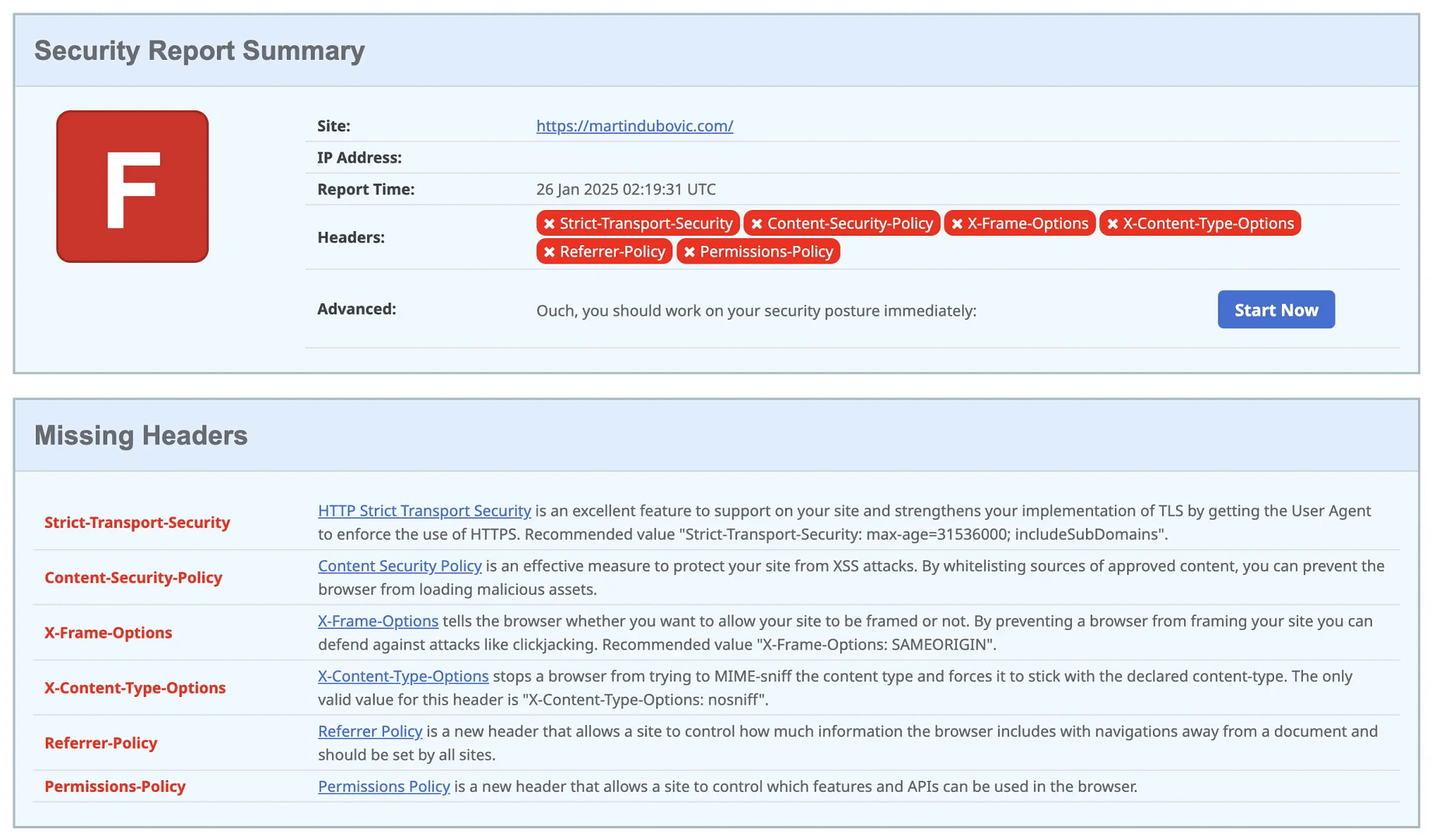 SecurityHeaders.com Gagal Keamanan Pemindaian.