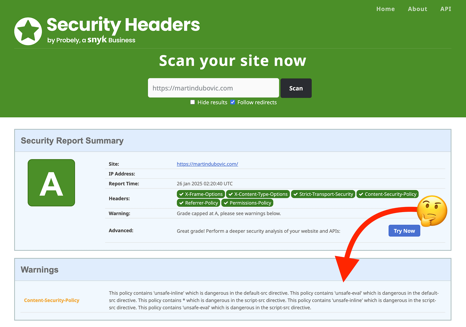 SecurityHeaders.com lulus pemindaian keamanan tetapi dengan peringatan.