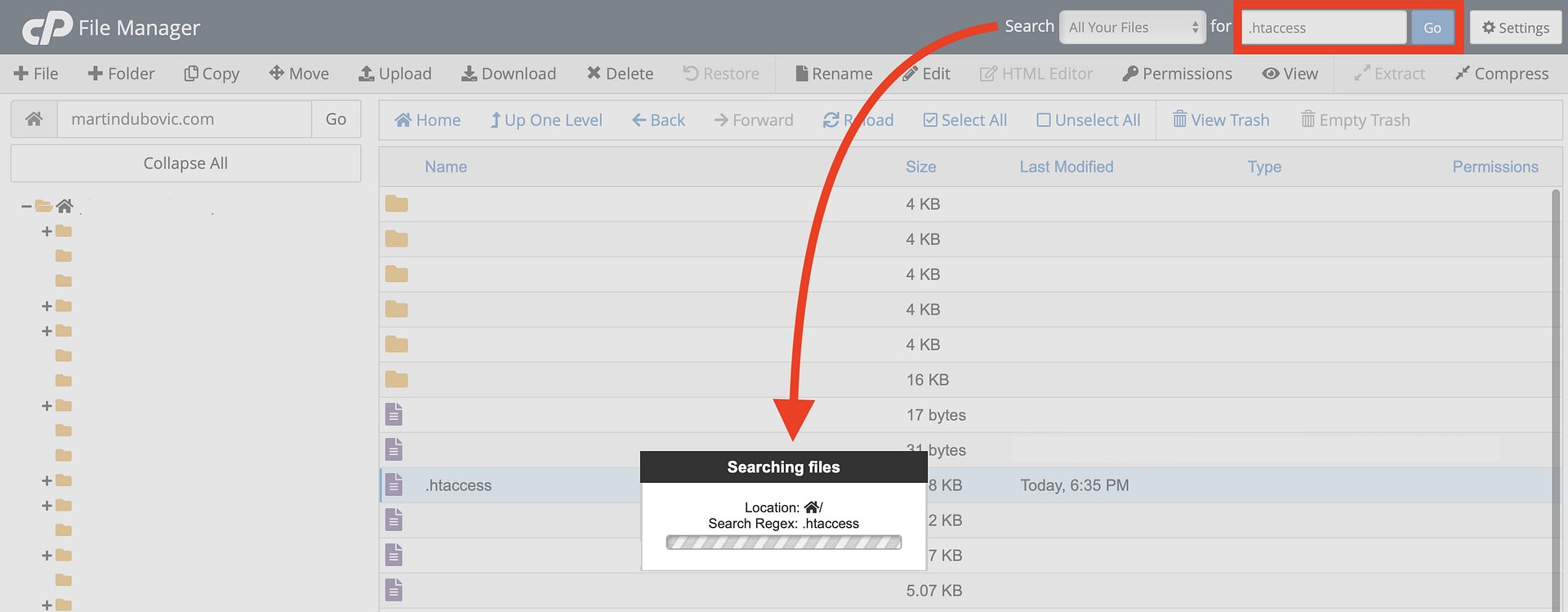 Mencari file .htaccess di CPanel File Manager.