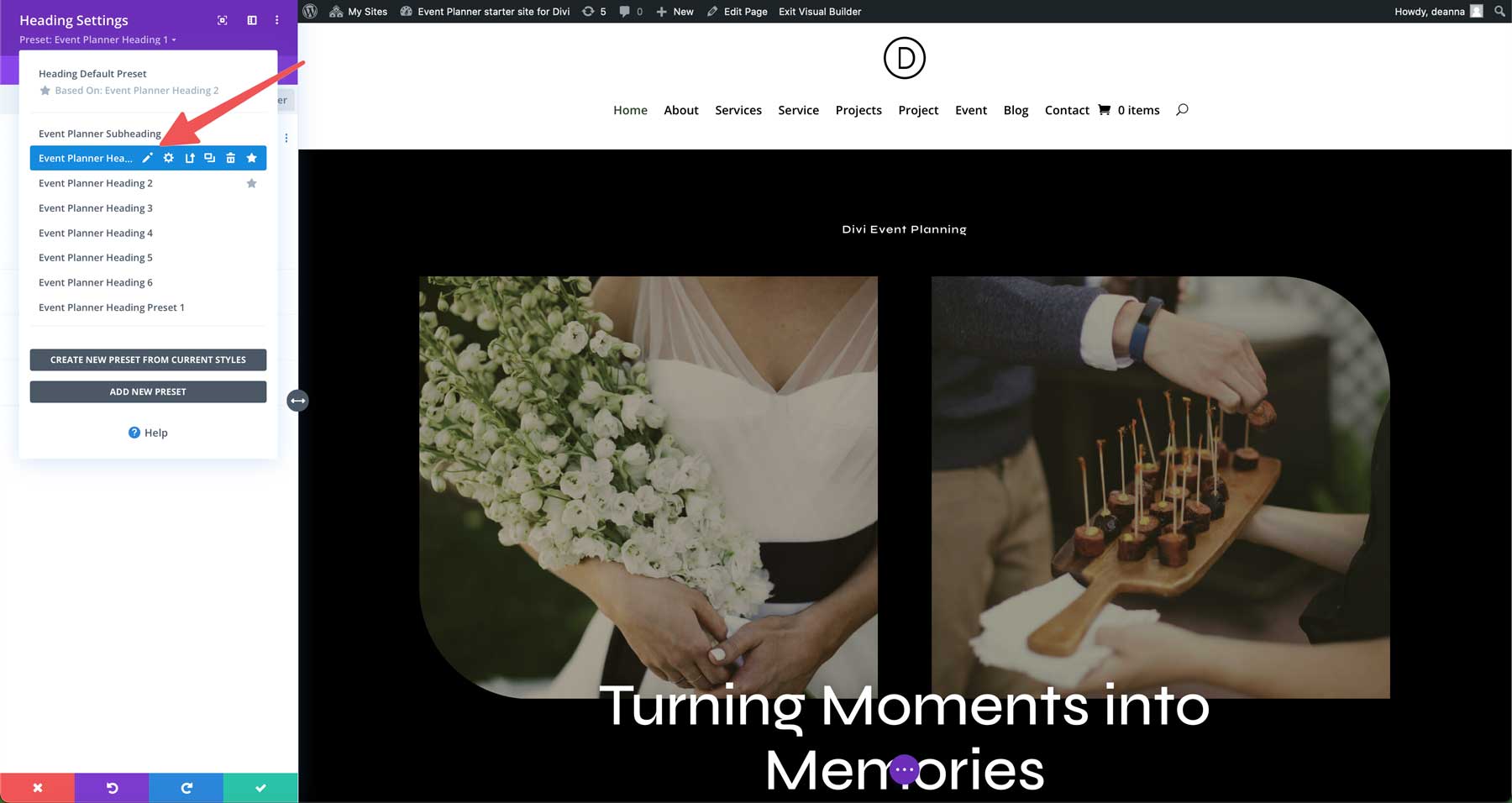 Site de démarrage du planificateur d'événements pour divi
