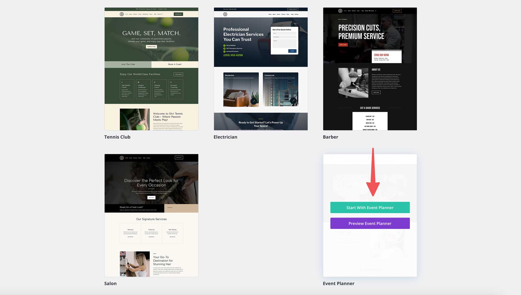 Site de démarrage du planificateur d'événements pour divi