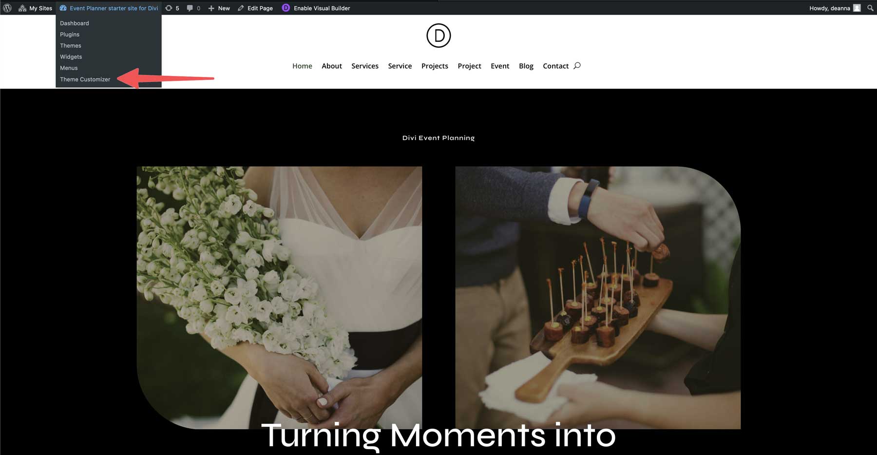 Site de démarrage du planificateur d'événements pour divi