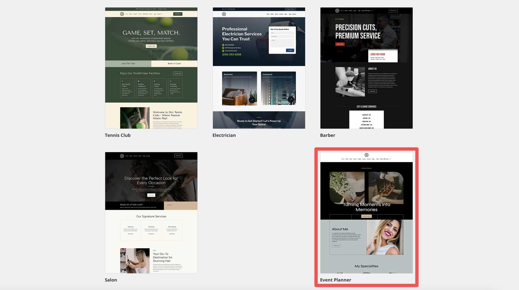 Site de démarrage du planificateur d'événements pour divi