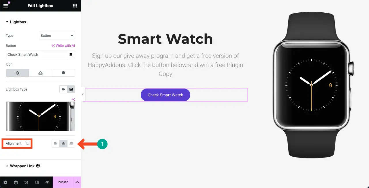 Elementor 8を使用してWordPressにライトボックスを追加する方法 Set alignment for the lightbox widget