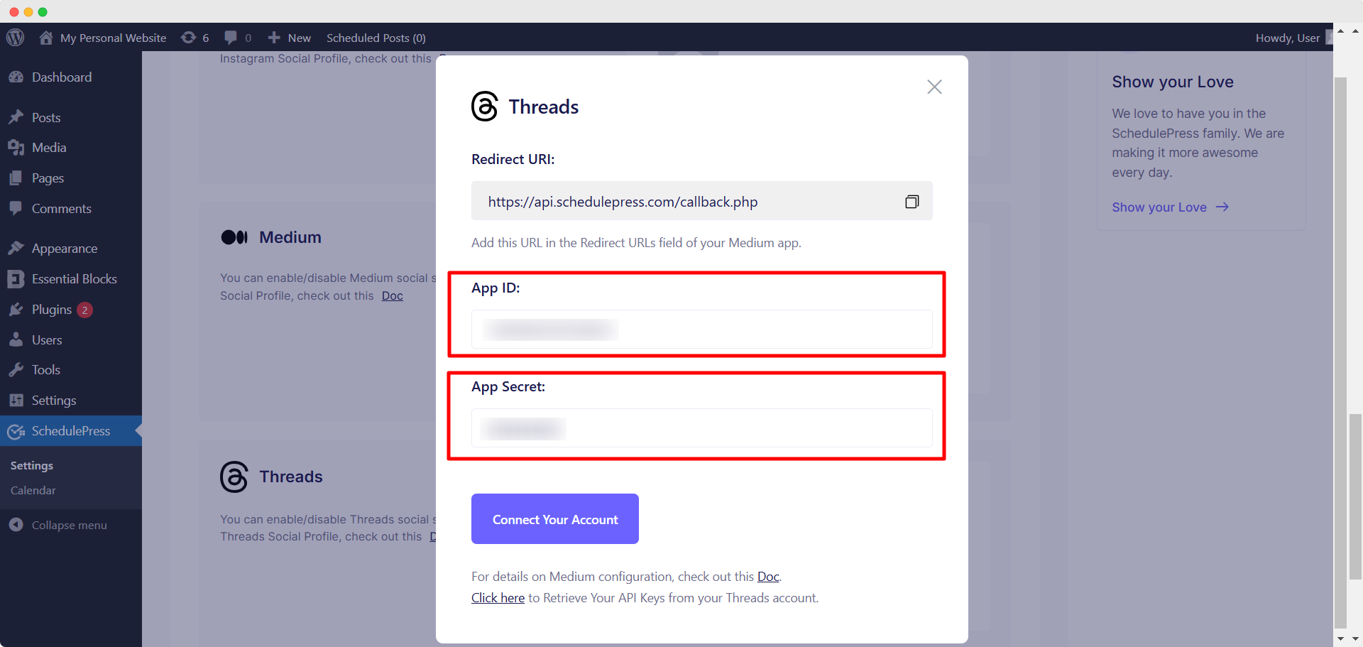 الخطوة 5: أدخل مفاتيح API في لوحة القيادة Schedulepress 1 4. Collect & Add API Keys into SchedulePress Dashboard 3