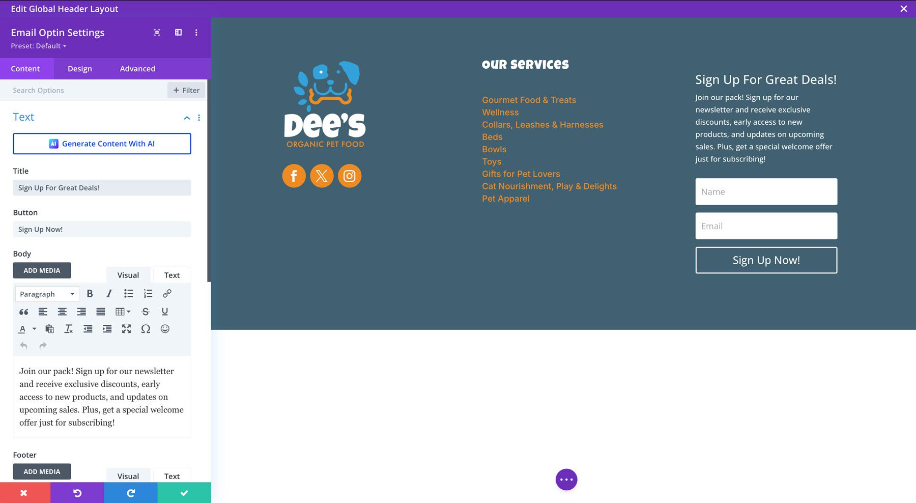 cara merancang footer dengan divi