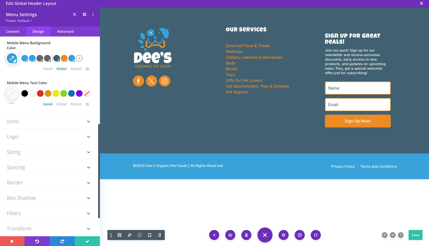 Opsi Menu Divi Mobile