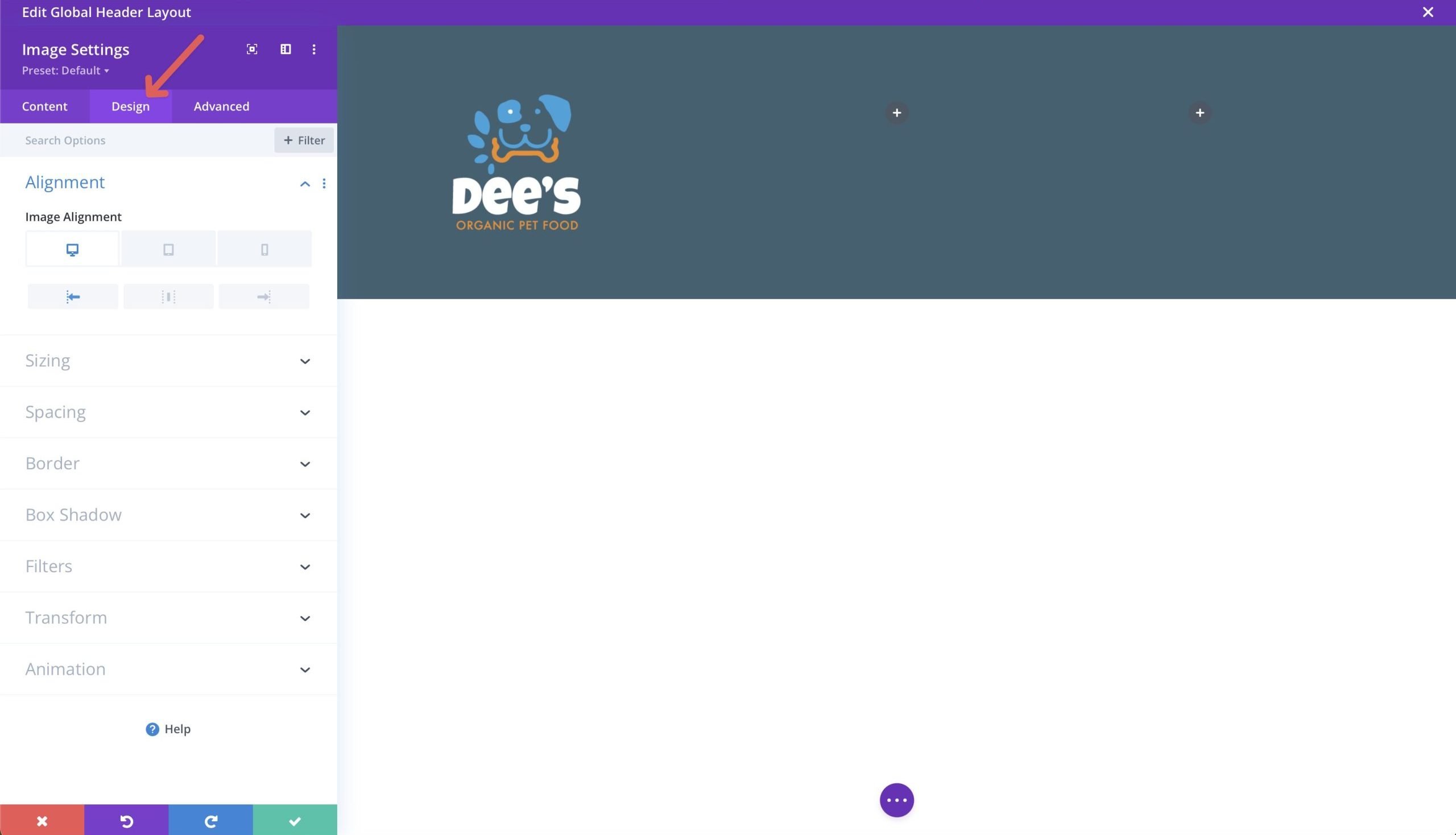 Tab Desain Divi