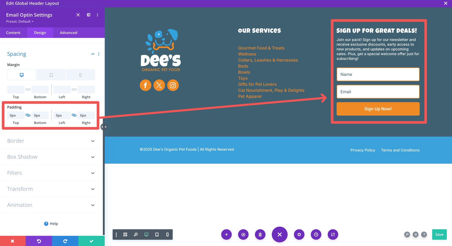 Hapus padding dari Divi Email Optin Module