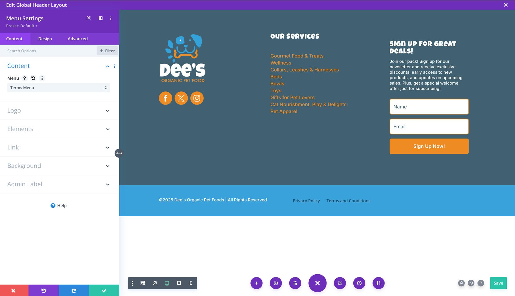 cara merancang footer dengan divi