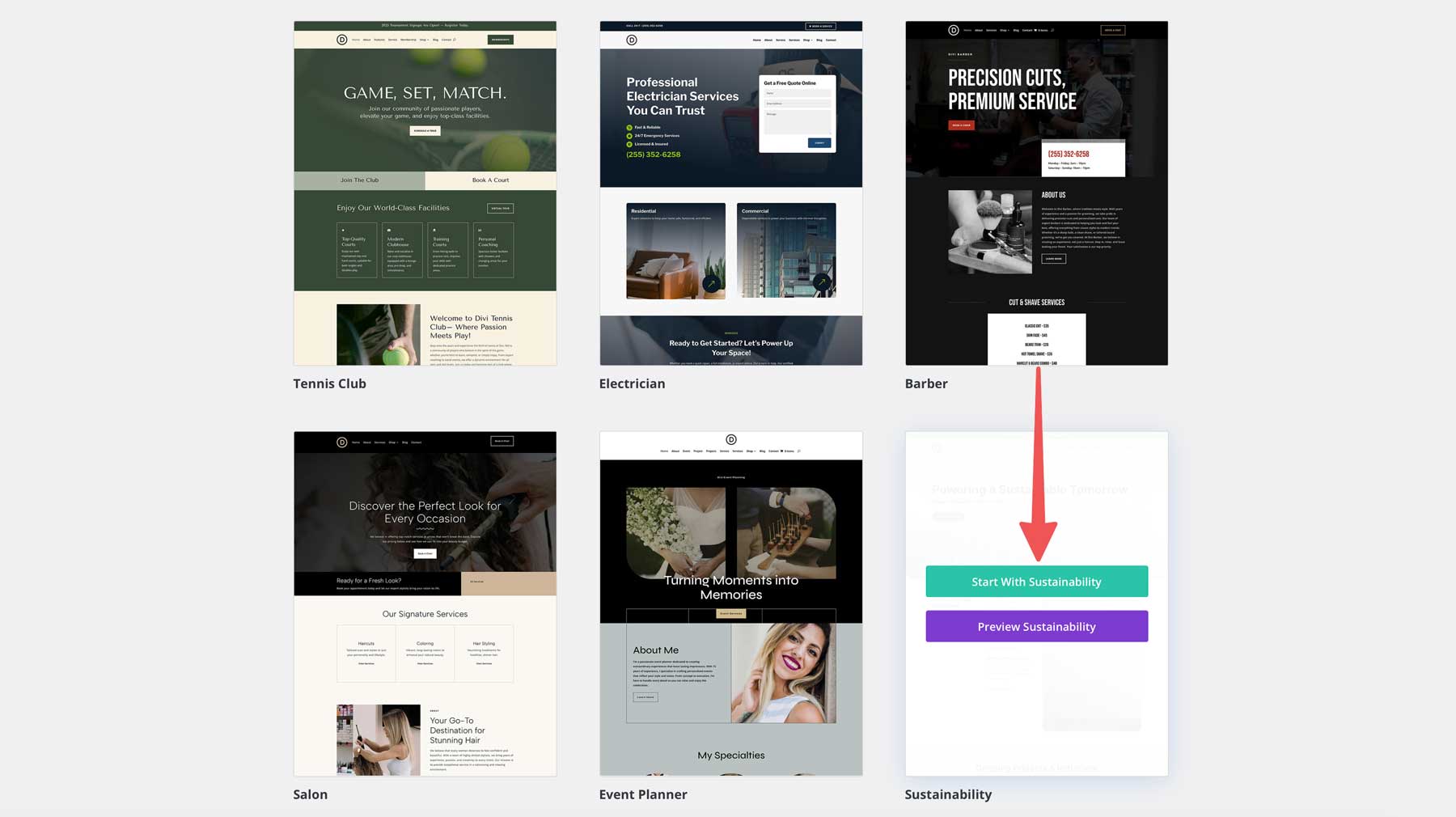 Sito di avviamento di sostenibilità per Divi