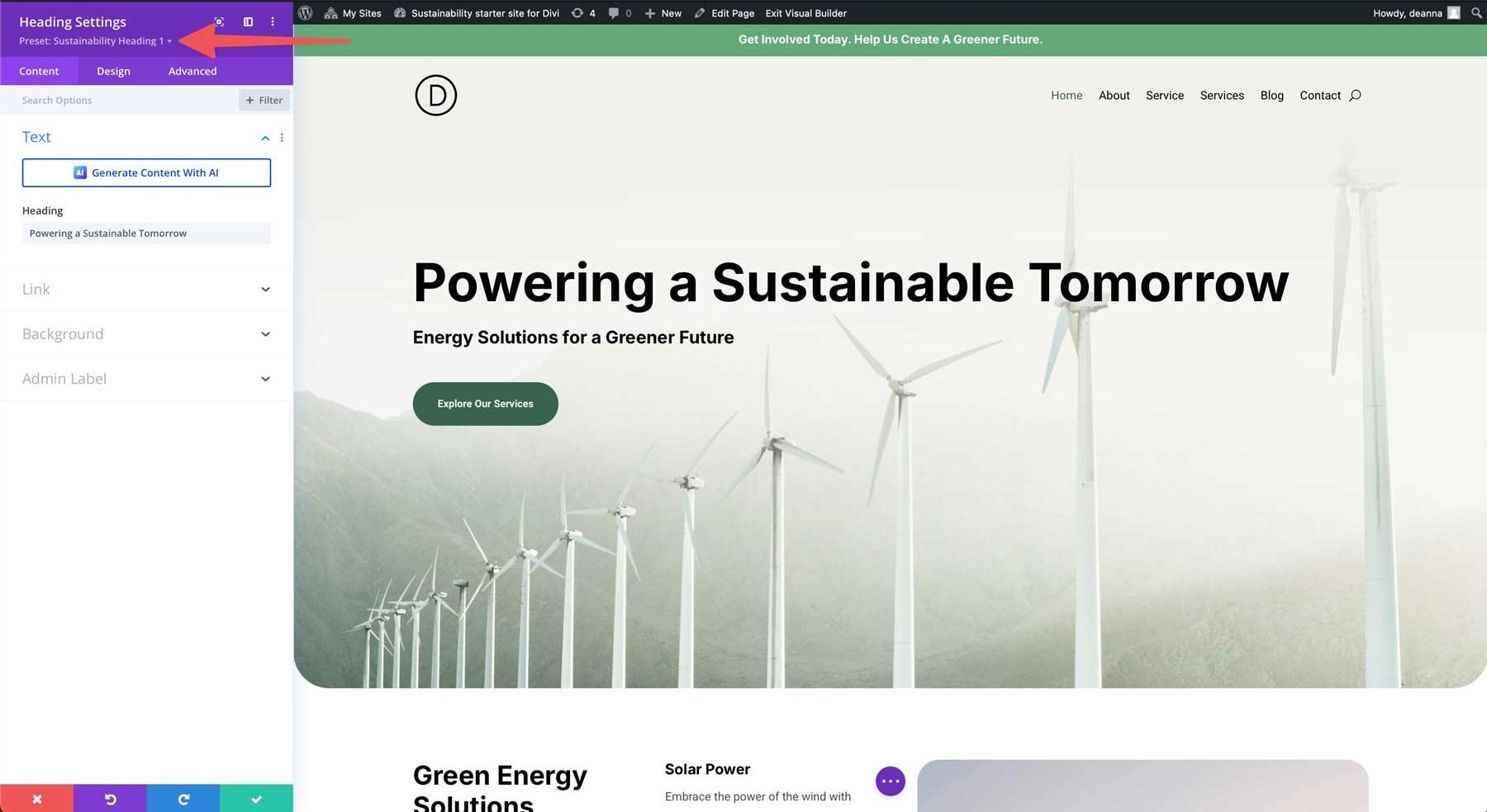 Sito di avviamento di sostenibilità per Divi