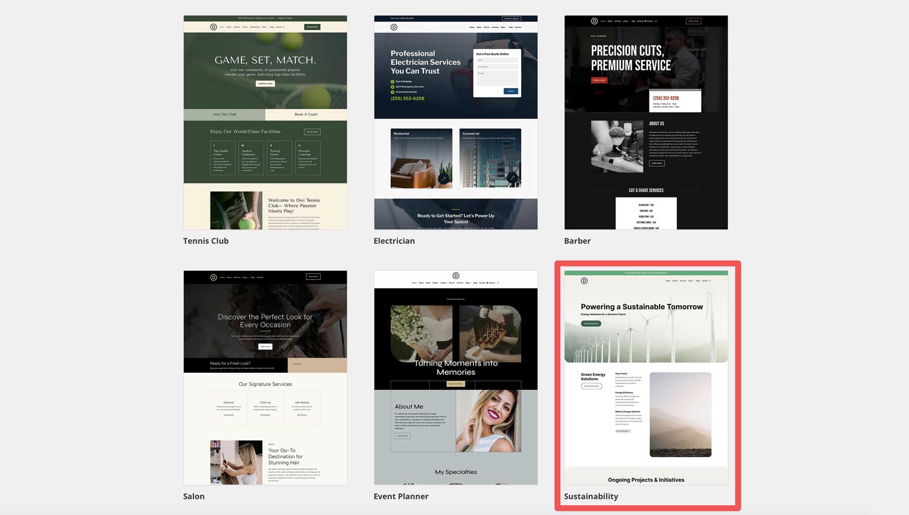 Sito di avviamento di sostenibilità per Divi