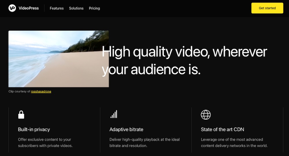 Pagina de pornire VideoPress cu textul „Videoclip de înaltă calitate, oriunde este publicul tău”