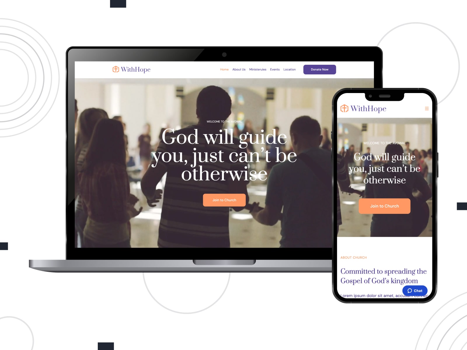 Mobil ve masaüstü ekranlarda Withhope Gutenix Kilisesi WordPress temalarının kolajı.