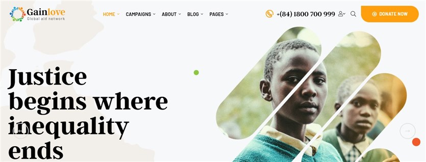 Yardım etkinliği web siteleri için en iyi GainLove WordPress temalarının ekran görüntüsü.