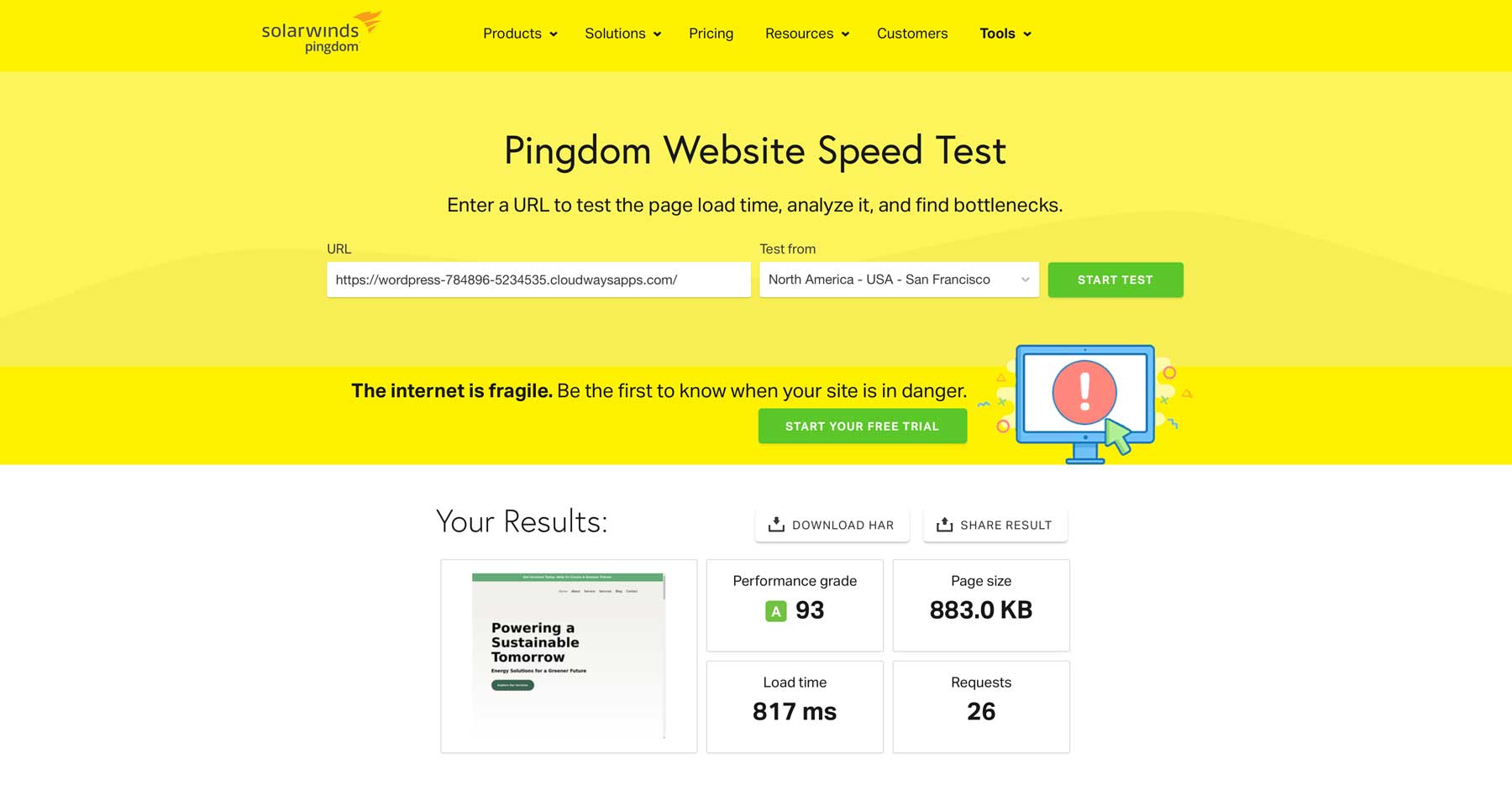 اختبار سرعة موقع pingdom