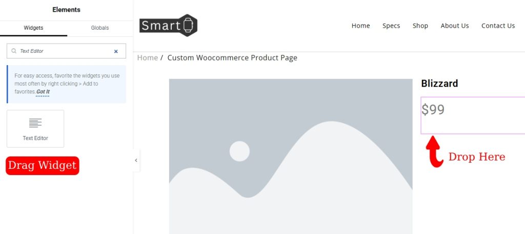 如何使用Elementor 13创建自定义WooCommerce产品页面 Elementor Text Editor