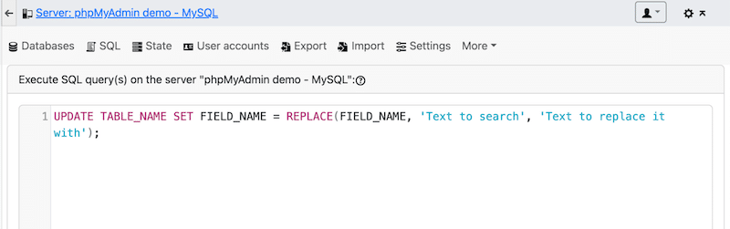 Adăugați interogarea SQL - Sursa: phpmyadmin