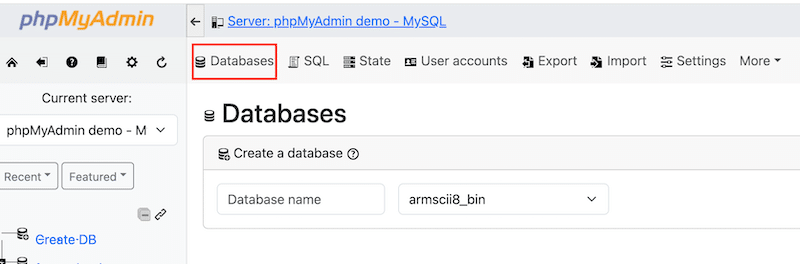 Deschideți fila baze de date - Sursa: phpmyadmin