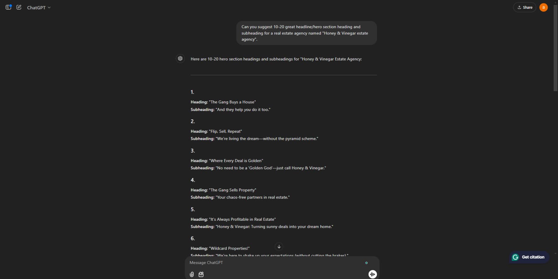 웹 사이트에 대한 훌륭한 사본을 생성하는 Chatgpt의 스크린 샷