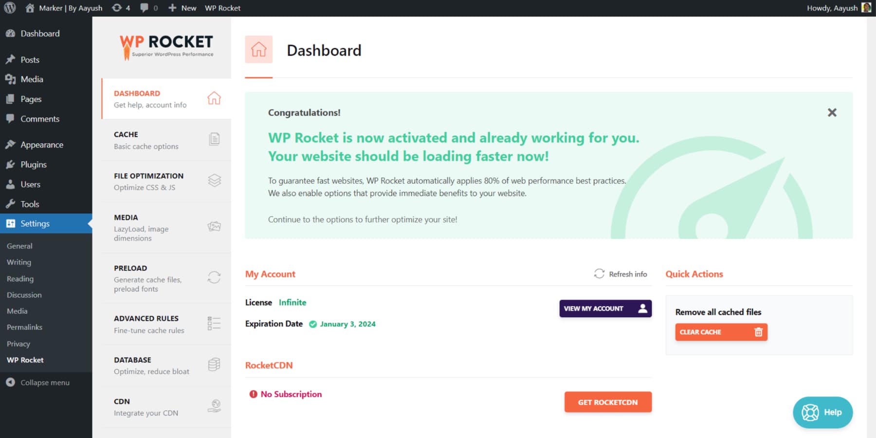 WP Rocket의 사용자 인터페이스 스크린 샷