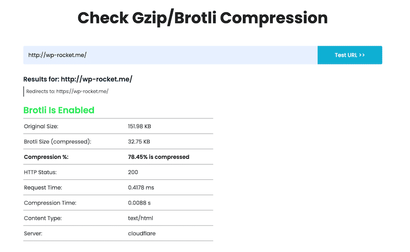 Comprobación de compresión de GZIP con una herramienta en línea - Fuente: GiftOf Speed