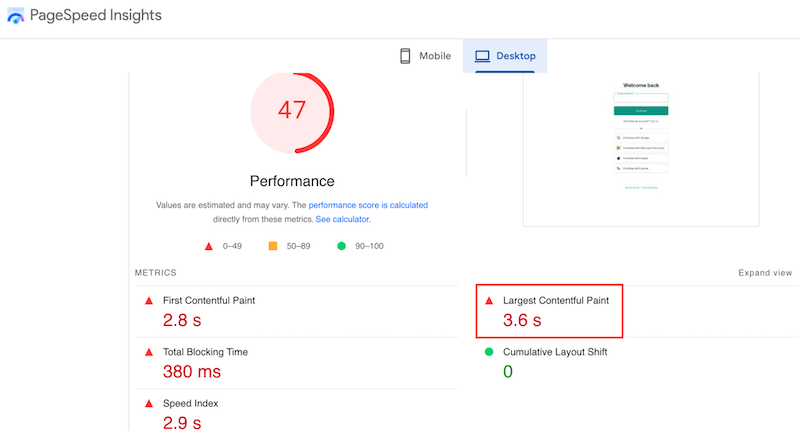Grado LCP - Fuente: PageSpeed Insights