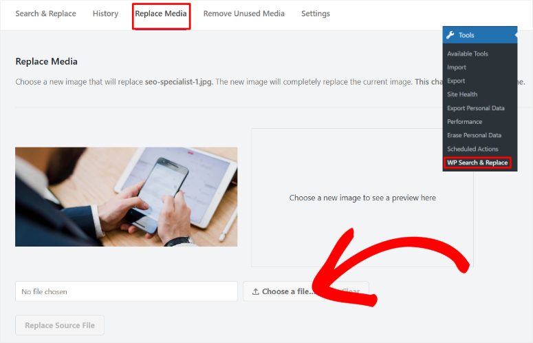 Search-and-Replyplate-Everything-Replace-Media-Choose-A-File-ISITWP-Detector de Tema WordPress grátis search and replace everything replace media choose a file