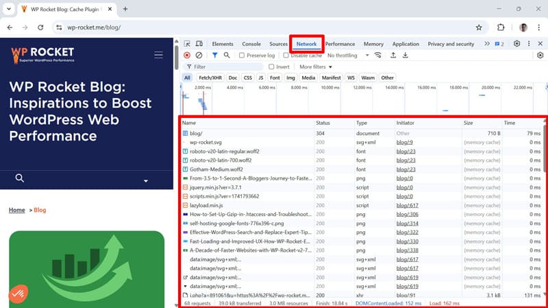 Browser Developer Tools Network Registerkarte "
