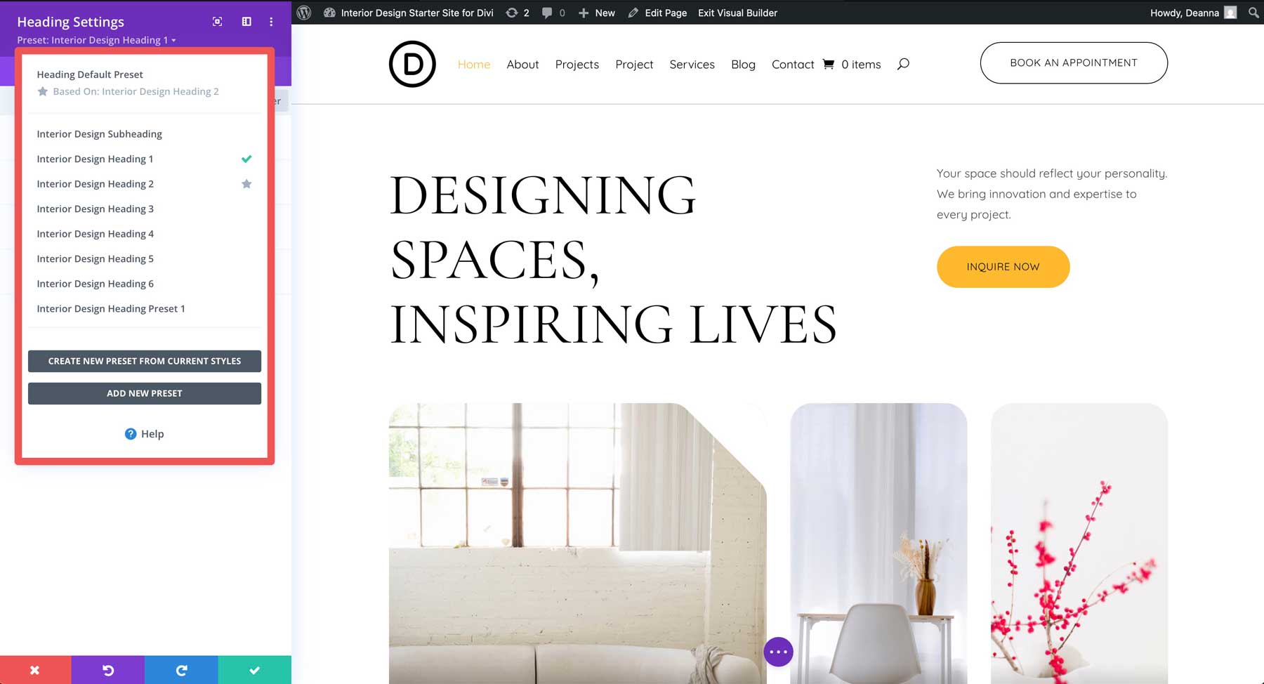 Diviのインテリアデザインスターターサイト