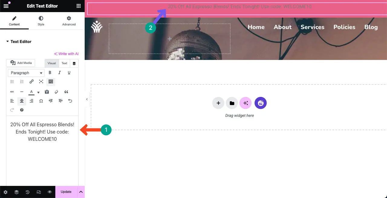 Como adicionar uma barra superior no WordPress com Elementor 6 Add content to the top bar