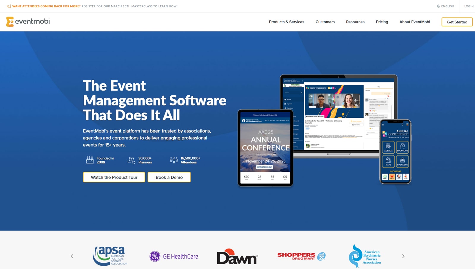 Figura EventMobi, oprogramowania charytatywnego z potężnym konstruktorem witryn internetowych wydarzeń.