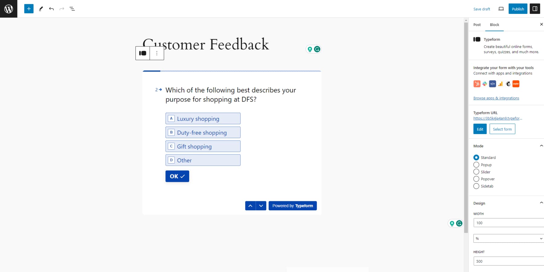 Uma captura de tela da integração do TypeForms com o WordPress