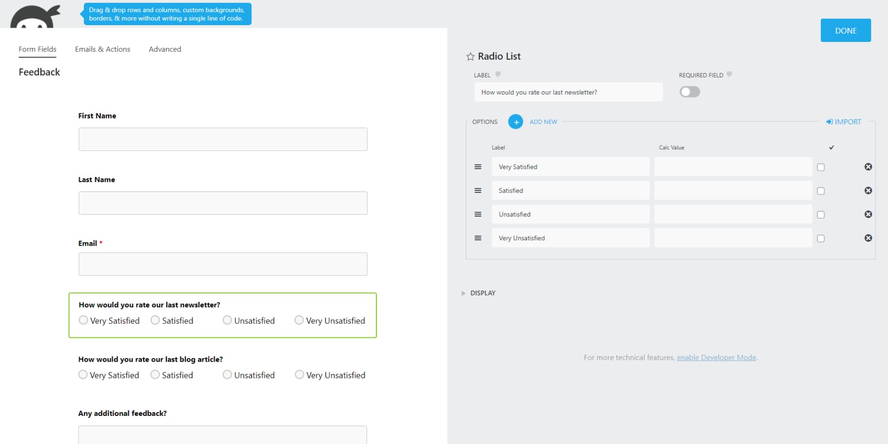 Uma captura de tela da interface de usuário do Ninja Forms