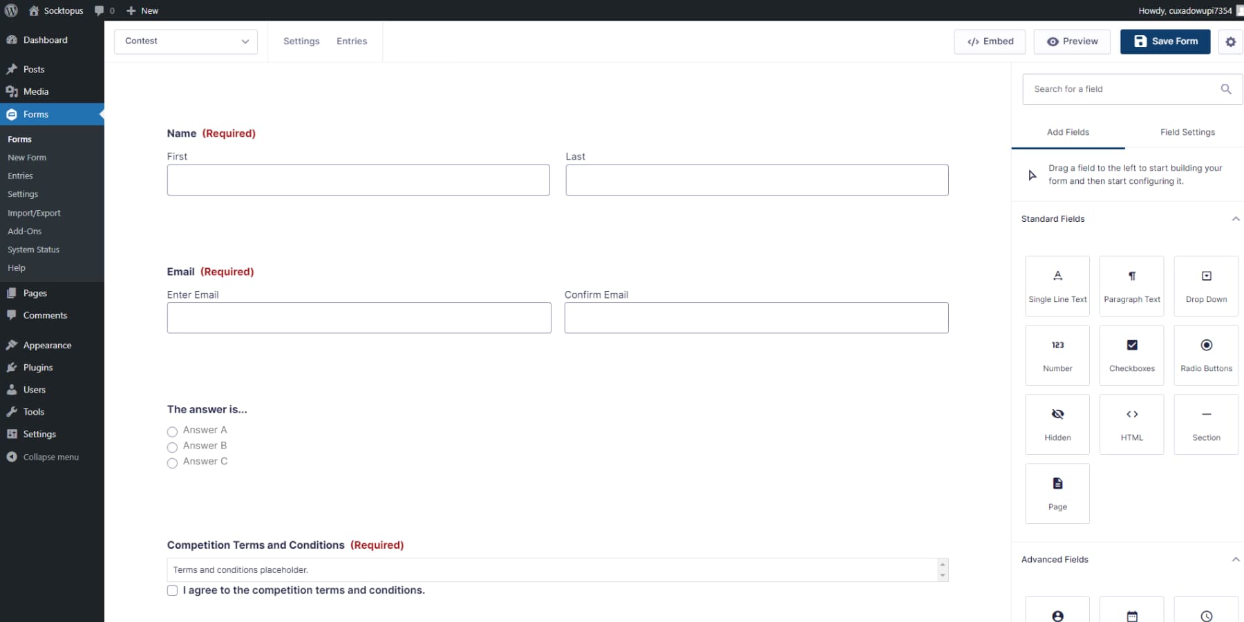 Uma captura de tela da interface de usuário de gravidade formam