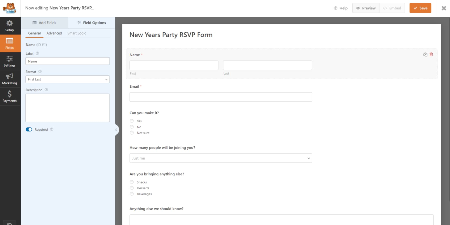 Uma captura de tela da interface do usuário da WPForms