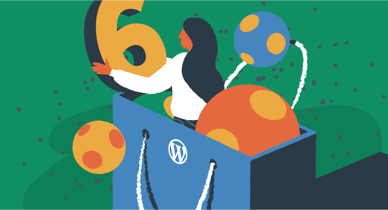 O femeie se uită la un număr șase din interiorul unei pungi cu sigla WordPress