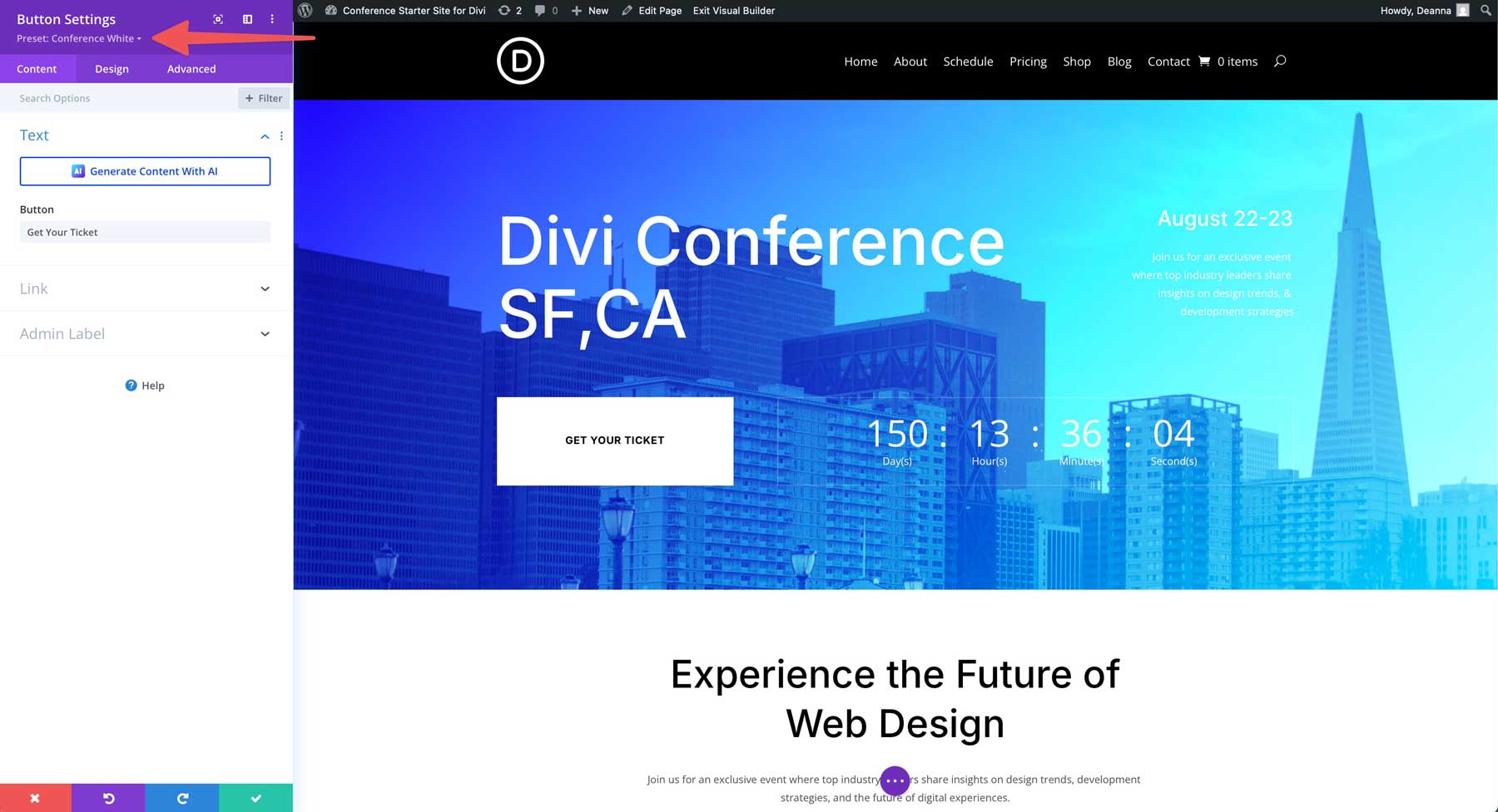 Konferenzstarter Site für Divi