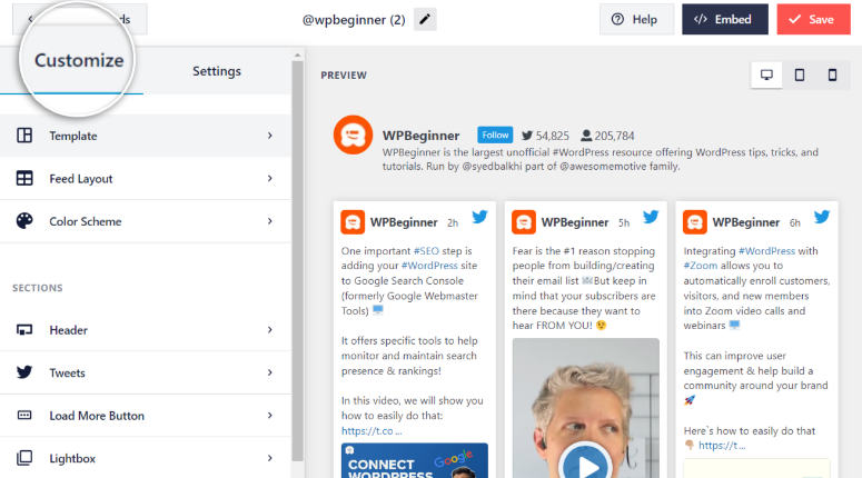 smash-baloon-customize-tab-ISITWP-Detector de temas de WordPress gratis smash balloon customize tab