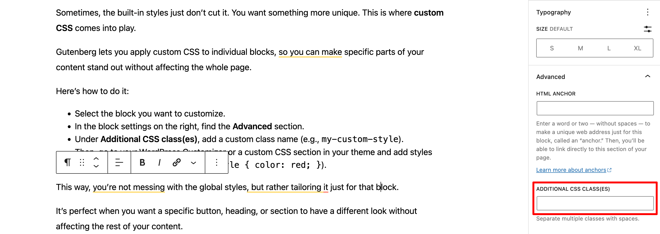 So können Sie das zusätzliche CSS mit Gutenberg Editor hinzufügen